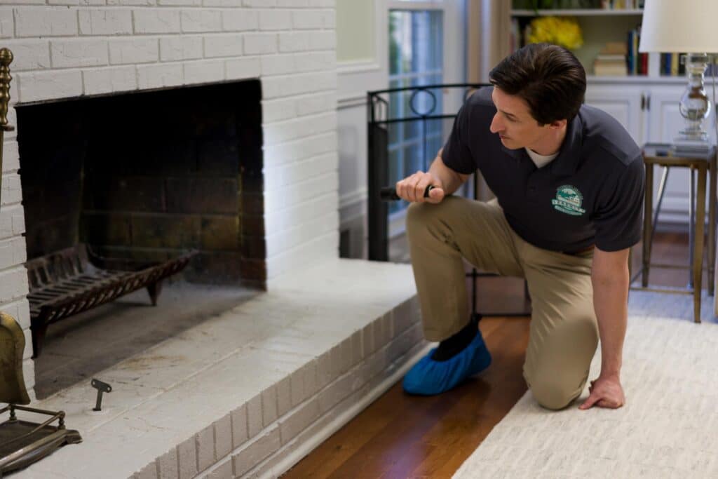 Home inspector examining a fireplace during an inspection