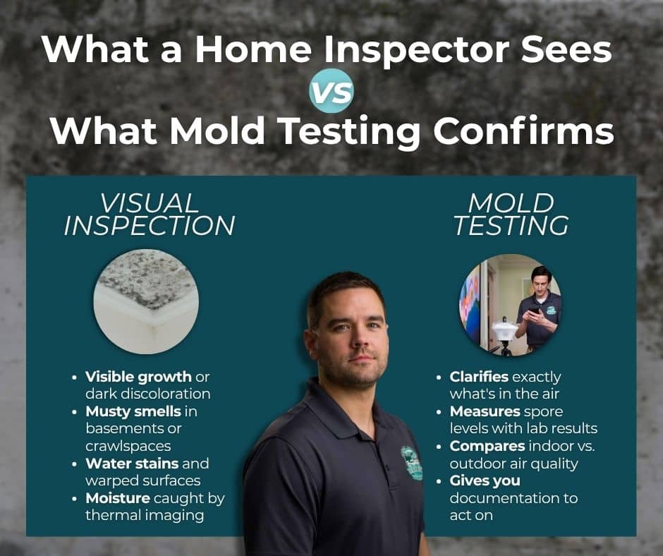An infographic titled "What a Home Inspector Sees vs What Mold Testing Confirms" comparing visual observations like visible growth and musty smells with lab-verified mold testing. The graphic features a professional home inspector and explains how do home inspectors check for mold through both physical inspection and air quality sampling for actionable documentation.