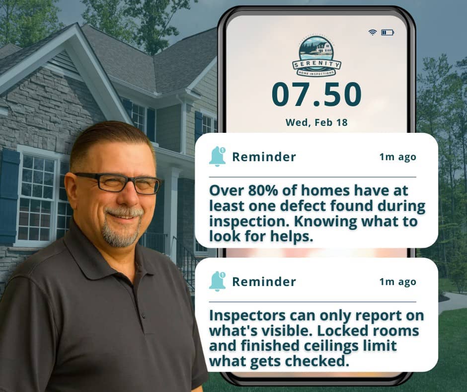 An infographic from Serenity Home Inspections featuring a phone notification style layout, sharing key reminders for a buyers home inspection checklist, including the fact that over 80% of homes have a defect and that inspectors can only check visible areas.