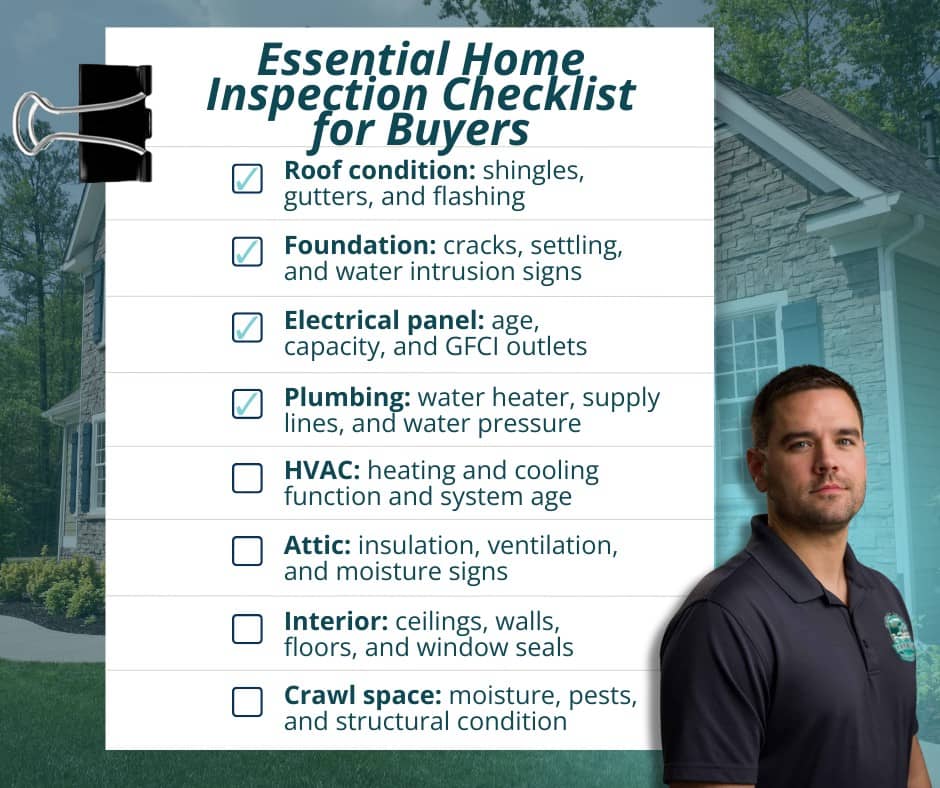 A comprehensive buyers home inspection checklist graphic from Serenity Home Inspections, detailing essential inspection items such as the roof, foundation, electrical panel, plumbing, HVAC, attic, interior, and crawl space.