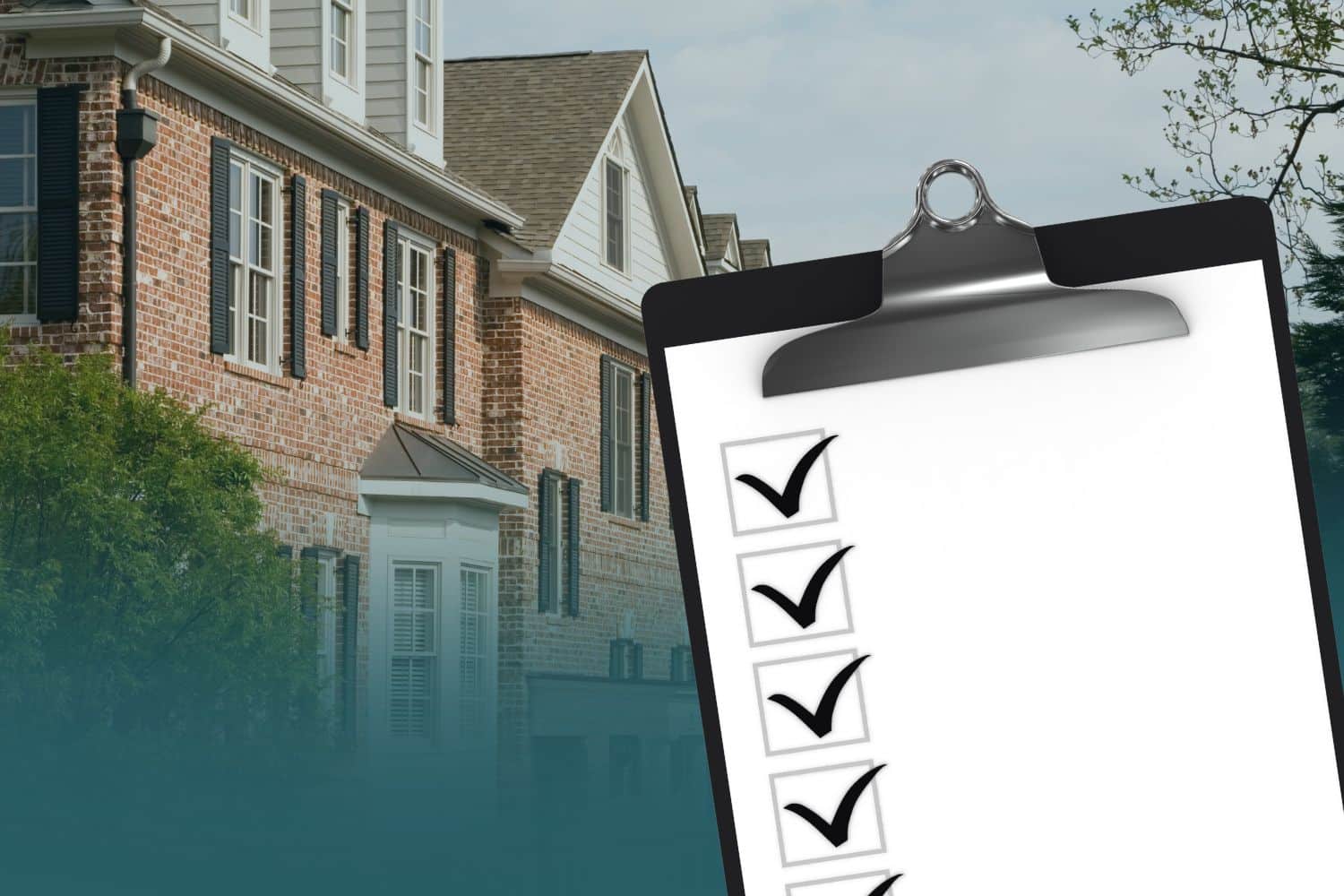 A clipboard with a blank checklist overlaying a large suburban brick home, used as a featured image by Serenity Home Inspections to highlight their comprehensive buyers home inspection checklist for Atlanta home buyers.