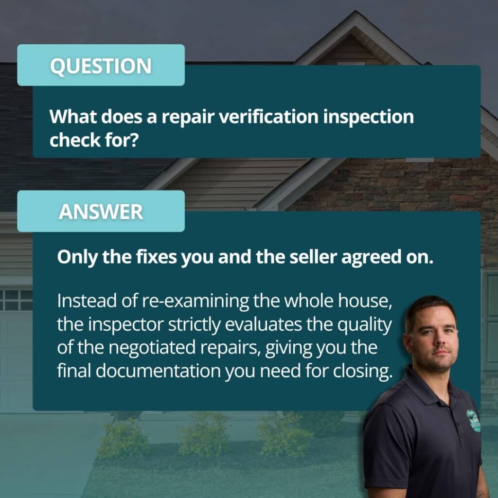 A Q&A graphic explaining what a repair verification inspection covers, featuring a Serenity Home Inspections team member in Atlanta.