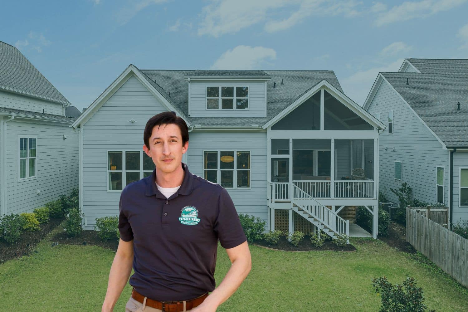 A professional home inspector standing in front of a modern house, representing Serenity Home Inspections providing a home warranty inspection.