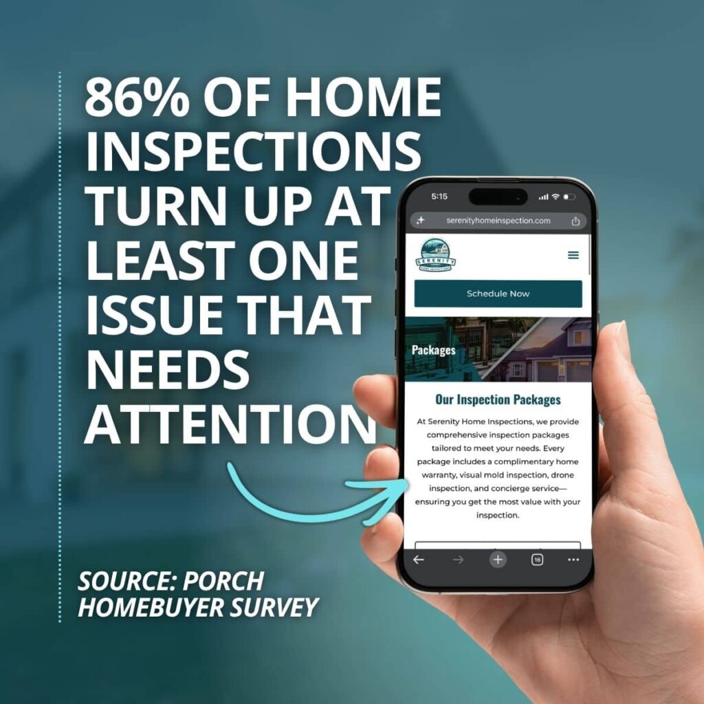Stat graphic noting 86% of home inspections find at least one issue, from Serenity Home Inspections