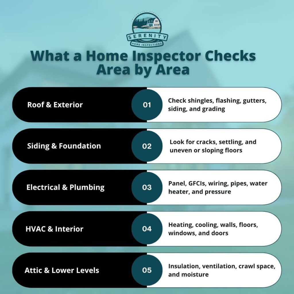 Serenity Home Inspections graphic showing what a home inspector checks area by area: roof and exterior, siding and foundation, electrical and plumbing, HVAC and interior, attic and lower levels