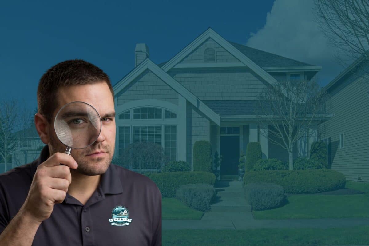 Serenity Home Inspections inspector with a magnifying glass in front of a house, showing what inspectors look for in a house