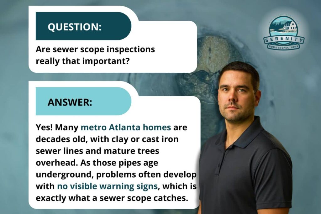 Q&A graphic explaining why sewer scope inspections matter, since aging underground sewer pipes often fail with no visible warning signs