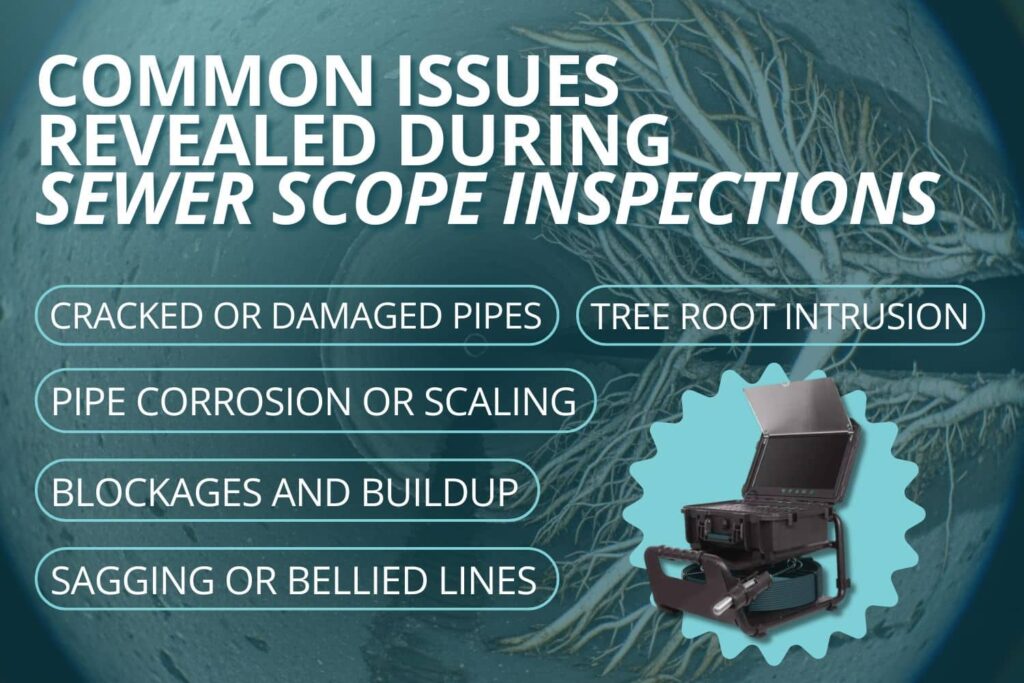 Common issues found during a sewer scope inspection: cracked pipes, tree root intrusion, corrosion, blockages, and sagging or bellied lines