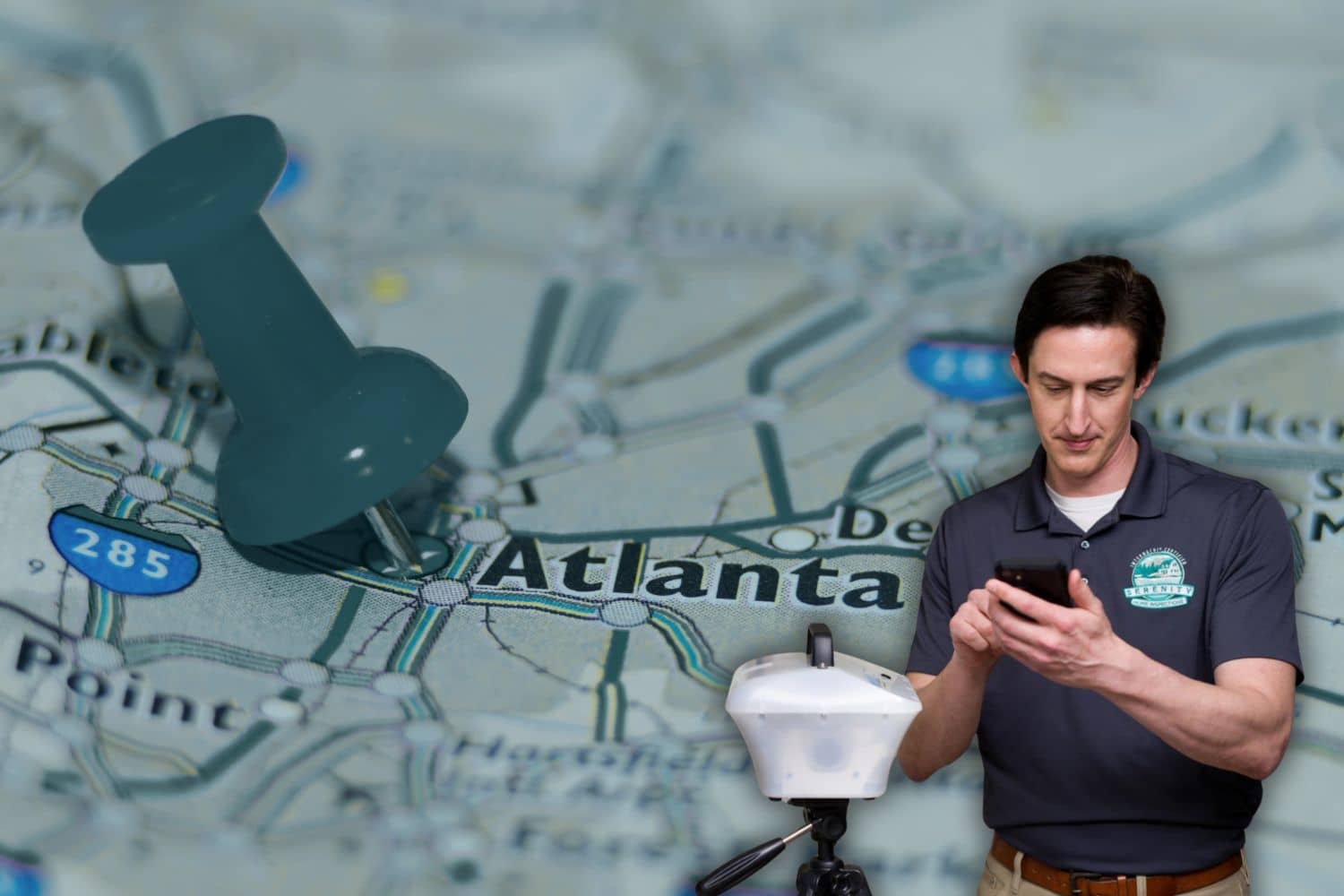 Serenity Home Inspections inspector logging a radon test result beside a continuous radon monitor, with a map of metro Atlanta behind him